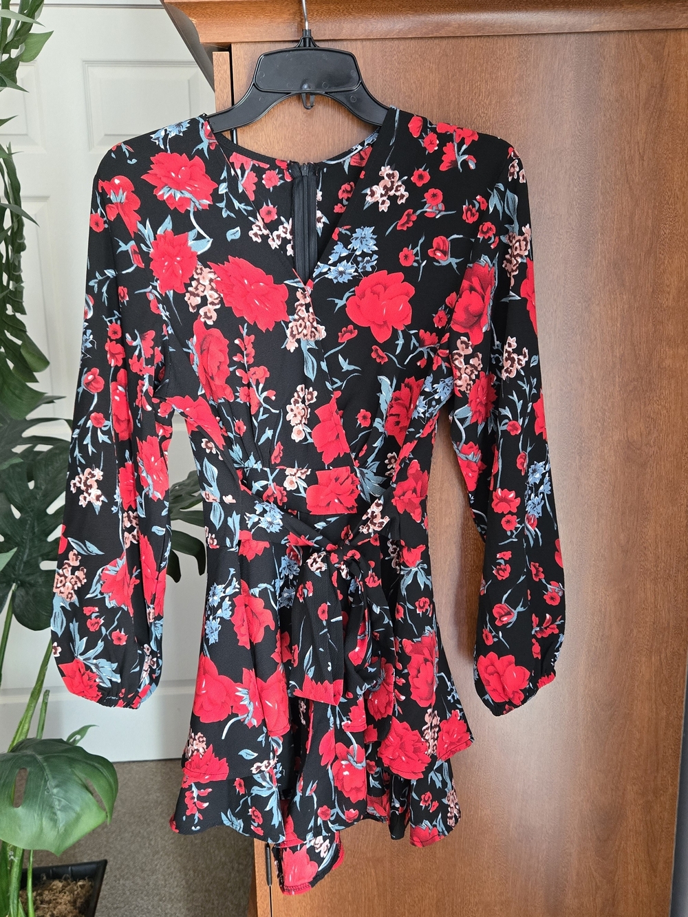 Black Floral Tie-Waist Romper - Red & Blue Floral